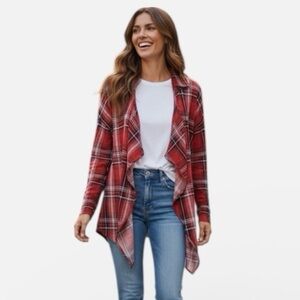 Red Plaid Women’s Open Front Waterfall Cardigan With Collar. XL